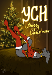 Size: 1640x2360 | Tagged: safe, artist:stirren, anthro, unguligrade anthro, bed, bells, christmas, christmas tree, clothes, commission, dressing up, female, holiday, jingle bells, leotard, lying down, on back, onesie, pine tree, pinup, pulling, socks, solo, tree, your character here