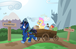 Size: 4545x2941 | Tagged: safe, artist:aleximusprime, spike, twilight sparkle, oc, oc:buttercream the dragon, oc:nightwatch, dragon, pegasus, pony, unicorn, fanfic:my little sister is a dragon, friendship is magic, g4, book, box, brave little toaster, canterlot, canterlot mountain, cart, castle, cloud, duo, female, journal, lantern, luggage, male, male and female, mountain, outdoors, radio, road sign, royal guard, singing, sky, sleeping bag, stallion, sun, tree, wagon