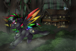 Size: 3000x2000 | Tagged: safe, artist:chvrchgrim, oc, oc only, oc:krypt, oc:peace keeper, bat pony, pegasus, pony, cabin, camera, colored wings, dark background, detailed background, duo, fog, forest, forest background, high res, lip piercing, looking back, multicolored hair, multicolored wings, piercing, radio, running, running away, scared, spooky, spread wings, tree, wings