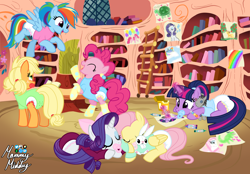 Size: 2360x1640 | Tagged: safe, artist:mommymidday, applejack, fluttershy, pinkie pie, rainbow dash, rarity, twilight sparkle, earth pony, pegasus, pony, unicorn, g4, abdl, adult foal, bow, crayon, crayon drawing, diaper, flying, golden oaks library, hair bow, lying down, mane six, non-baby in diaper, on hind legs, onesie, pacifier, pigtails, plushie, ponytail, show accurate, signature, sleeping, sleepover, traditional art, unicorn twilight