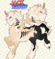 Size: 1915x2048 | Tagged: dead source, safe, artist:ghoulhowls, oc, oc only, oc:jack diamond, pony, unicorn, body freckles, checkered background, chest fluff, chin fluff, closed mouth, colored horn, crack ship offspring, curved horn, ear fluff, ear tufts, ears back, freckles, frown, green eyes, grin, hooves, horn, leg stripes, looking at you, looking offscreen, magical gay spawn, male, multicolored coat, multicolored hooves, offspring, parent:braeburn, parent:king sombra, parents:sombraeburn, reference sheet, shoulder fluff, shoulder freckles, simple background, smiling, snorting, solo, sombra horn, stallion, striped hooves, stripes, white background