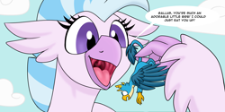 Size: 9000x4515 | Tagged: safe, artist:noblebrony317, gallus, silverstream, griffon, hippogriff, g4, absurd resolution, caught, caught by the tail, dangling, eyes open, fainted, female, giantess, gigastream, holding, holding by the tail, in love, macro, macro/micro, male, mawshot, mouth, not vore, not what it looks like, open mouth, scared, shipping denied, story included, terrified, throat, unconscious, uvula, white eyes, wide eyes