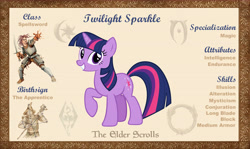 Size: 10100x6000 | Tagged: safe, artist:php170, twilight sparkle, pony, unicorn, g4, bio, female, looking at you, mare, morrowind, oblivion, raised hoof, reference sheet, skyrim, smiling, smiling at you, solo, the elder scrolls, the elder scrolls: equestria, unicorn twilight, vector