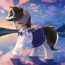 Size: 3067x3067 | Tagged: safe, artist:kaylemi, oc, oc only, oc:cyan delta, pony, unicorn, clothes, cloud, crossdressing, cute, femboy, high res, looking at you, male, morning, mountain, one eye closed, outdoors, scenery, school uniform, sky, stallion, twilight (astronomy), water