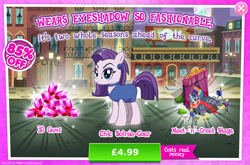 Size: 1958x1295 | Tagged: safe, gameloft, idw, chic soirée, coloratura, earth pony, pony, g4, my little pony: magic princess, advertisement, bush, camera, clothes, costs real money, countess coloratura, curtains, ear piercing, earring, english, eyeshadow, female, gem, idw showified, introduction card, jewelry, makeup, mare, numbers, piercing, quill, sale, solo, stage, text