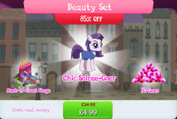 Size: 1266x853 | Tagged: safe, gameloft, idw, chic soirée, coloratura, earth pony, pony, g4, my little pony: magic princess, bundle, bush, camera, clothes, costs real money, countess coloratura, curtains, ear piercing, earring, english, eyeshadow, female, gem, idw showified, jewelry, makeup, mare, numbers, piercing, quill, sale, solo, stage, text