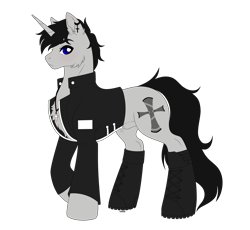 Size: 2563x2362 | Tagged: safe, artist:elberas, oc, oc only, oc:black cross, pony, unicorn, boots, clothes, crucifix, ear piercing, high res, jacket, jewelry, male, necklace, piercing, shoes, simple background, slender, solo, stallion, thin, transparent background