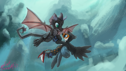 Size: 7680x4320 | Tagged: safe, artist:zlatdesign, oc, oc only, oc:pyrolysis, oc:tristão, bird, dragon, griffon, ocelot, toco toucan, toucan, toucan griffon, beak, chest fluff, claws, cloud, commission, couple, cute, dragon wings, fangs, fins, flying, griffon oc, happy, horn, horns, looking at each other, looking at someone, male, open beak, open mouth, paws, scales, shipping, sky, slit pupils, smiling, tail, talons, wings