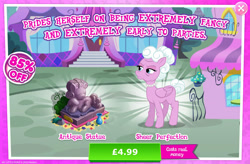Size: 1961x1289 | Tagged: safe, gameloft, idw, sheer perfection, pegasus, pony, g4, my little pony: magic princess, advertisement, bush, costs real money, english, female, folded wings, idw showified, introduction card, jewelry, mare, necklace, numbers, pearl necklace, sale, solo, statue, text, vase, wings