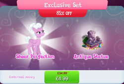 Size: 1266x860 | Tagged: safe, gameloft, idw, sheer perfection, pegasus, pony, g4, my little pony: magic princess, bundle, bush, costs real money, english, female, folded wings, idw showified, jewelry, mare, necklace, numbers, pearl necklace, sale, solo, statue, text, vase, wings