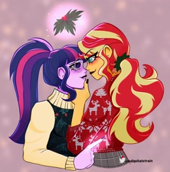Size: 1708x1734 | Tagged: safe, artist:indigohatetrain, sci-twi, sunset shimmer, twilight sparkle, human, equestria girls, g4, alternate clothes, alternate hairstyle, black nail polish, christmas, christmas sweater, clothes, duo, female, hand on chin, holiday, holly, holly mistaken for mistletoe, imminent kissing, lesbian, magic, ship:sci-twishimmer, ship:sunsetsparkle, shipping, simple background, sweater, telekinesis, turtleneck