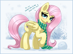 Size: 2222x1650 | Tagged: safe, artist:joakaha, fluttershy, pegasus, pony, g4, bronybait, clothes, cute, looking at you, open mouth, scarf, shyabetes, snow, snowball, solo, striped scarf, talking to viewer
