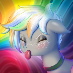 Size: 2023x2023 | Tagged: safe, artist:generalecchi, oc, oc:silver silhouette, pegasus, pony, abstract background, bust, choker, eyes closed, floppy ears, freckles, high res, portrait, solo, tongue out