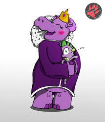 Size: 2200x2564 | Tagged: safe, artist:darkprinceismyname, queen of the hippos, spike, dragon, hippopotamus, g4, my little pony: the movie, crown, dialogue, eyelashes, eyes closed, female, floating heart, green eyes, hape, heart, help, high res, hug, jewelry, male, open mouth, open smile, personal space invasion, regalia, ruff (clothing), simple background, size difference, smiling, suffocating, white background