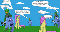 Size: 900x480 | Tagged: dead source, safe, artist:thet7770ify, fluttershy, princess luna, alicorn, pegasus, pony, comic:master chief and luna hanging out, g4, armor, artifact, cloud, crossover, dialogue, female, halo (series), it came from deviantart, jewelry, male, mare, master chief, misspelling, outdoors, portal (valve), portal gun, s1 luna, speech bubble, text, tiara, wat