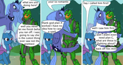 Size: 900x480 | Tagged: safe, artist:thet7770ify, princess luna, trixie, alicorn, pony, unicorn, comic:master chief and luna hanging out, g4, armor, artifact, cape, clothes, crossover, dialogue, female, halo (series), it came from deviantart, jewelry, male, mare, master chief, misspelling, misspelling of you're, outdoors, peytral, s1 luna, sitting, speech bubble, tiara, trixie's cape, wat