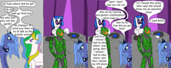 Size: 900x360 | Tagged: safe, artist:thet7770ify, dj pon-3, princess celestia, princess luna, vinyl scratch, alicorn, pony, unicorn, comic:master chief and luna hanging out, g4, armor, artifact, crossover, dialogue, female, halo (series), it came from deviantart, jewelry, male, mare, master chief, misspelling, s1 luna, shocked, speech bubble, text, tiara, wat