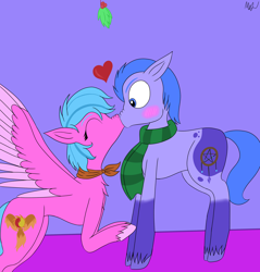 Size: 2558x2674 | Tagged: safe, firefly, oc, oc:baneberry nettle, earth pony, pegasus, pony, g1, g5, spoiler:g5, blushing, clothes, couples, duo, female, g1 to g5, generation leap, heart, high res, holly, holly mistaken for mistletoe, kiss on the lips, kissing, male, nose wrinkle, scarf, shipping, skinny, slender, straight, striped scarf, thin