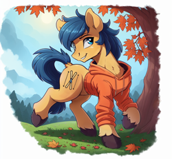 Size: 1024x946 | Tagged: safe, ai assisted, ai content, editor:paracompact, generator:purplesmart.ai, generator:stable diffusion, oc, oc only, earth pony, pony, autumn, chest fluff, clothes, hoodie, leaves, looking offscreen, mountain, mountain range, palindrome get, random pony, rear view, scenery, solo, tree, unshorn fetlocks