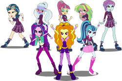Size: 5904x3886 | Tagged: safe, artist:givralix, artist:xebck, edit, vector edit, adagio dazzle, aria blaze, indigo zap, lemon zest, sonata dusk, sour sweet, sugarcoat, sunny flare, human, equestria girls, g4, my little pony equestria girls: friendship games, my little pony equestria girls: rainbow rocks, .svg available, absurd resolution, boots, clothes, crystal prep academy, crystal prep academy uniform, crystal prep shadowbolts, glasses, goggles, looking at you, pose, school uniform, shadow five, shoes, simple background, the dazzlings, transparent background, vector