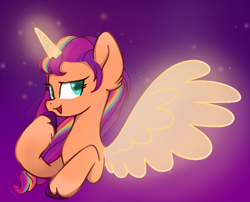 Size: 956x774 | Tagged: safe, artist:泽虹sunbow, sunny starscout, alicorn, pony, g5, artificial horn, artificial wings, augmented, female, hoof on chin, long mane, mare, race swap, solo, sunnycorn, thinking, wings