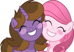 Size: 1034x722 | Tagged: safe, artist:klewgcg, artist:muhammad yunus, oc, oc only, oc:annisa trihapsari, oc:princess kincade, alicorn, earth pony, pony, alicorn oc, best friends, blushing, cute, duo, duo female, earth pony oc, eyes closed, female, grin, gritted teeth, horn, mare, ocbetes, simple background, smiling, teeth, transparent background, wings