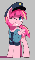 Size: 526x890 | Tagged: safe, artist:thebatfang, oc, oc only, oc:sweet serving, pegasus, pony, clothes, female, freckles, gray background, hat, looking at you, mare, necktie, one eye closed, pegasus oc, police officer, police uniform, shirt, simple background, smiling, smiling at you, solo, wings, wink, winking at you