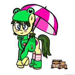 Size: 2048x2048 | Tagged: safe, artist:super-dead, earth pony, frog, pony, blushing, boots, clothes, female, frog costume, high res, minecraft, ponified, rana, shoes, simple background, socks, solo, striped socks, umbrella, white background