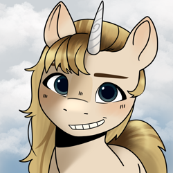 Size: 2048x2048 | Tagged: safe, artist:daisy_marshmallow, oc, oc only, pony, unicorn, g5, high res, horn, looking at you, profile picture, sky background, smiling, smiling at you, solo, unicorn oc