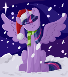 Size: 1196x1368 | Tagged: safe, artist:lindasaurie, twilight sparkle, alicorn, pony, g4, christmas, clothes, eye clipping through hair, eyes closed, female, hat, head tilt, holiday, lineless, mare, night, night sky, santa hat, scarf, sitting, sky, smiling, snow, snowfall, solo, spread wings, starry sky, striped scarf, twilight sparkle (alicorn), wings