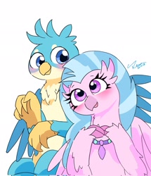 Size: 1760x2048 | Tagged: safe, artist:leo19969525, gallus, silverstream, griffon, hippogriff, g4, blushing, cute, diastreamies, duo, female, gallabetes, male, ship:gallstream, shipping, simple background, straight, white background