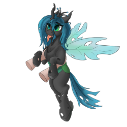 Size: 3000x3000 | Tagged: safe, artist:uberponya, queen chrysalis, alicorn, changeling, human, g4, :p, cute, cutealis, hand, high res, holding a changeling, simple background, tongue out, transparent background