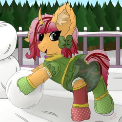 Size: 3000x3000 | Tagged: safe, artist:spiroudada, oc, oc only, oc:dolly hooves, pony, adult foal, bow, christmas, clothes, cute, diaper, diaper fetish, dress, fence, fetish, high res, holiday, mittens, non-baby in diaper, playing, ribbon, smiling, snowman, solo, tree, winter, ych example, your character here
