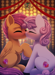 Size: 2923x4000 | Tagged: safe, artist:dinoalpaka, scootaloo, sweetie belle, pegasus, pony, unicorn, blushing, christmas, cute, cutealoo, diasweetes, eyes closed, female, filly, foal, high res, holiday, kiss on the lips, kissing, lesbian, mistletoe, patreon, patreon reward, scootabelle, shipping