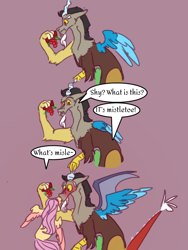 Size: 768x1024 | Tagged: safe, artist:cocolove2176, discord, fluttershy, draconequus, pegasus, pony, g4, blushing, christmas, comic, duo, duo male and female, eyebrows, female, flying, holiday, holly, holly mistaken for mistletoe, kiss on the lips, kissing, male, mismatched wings, pink background, ship:discoshy, shipping, simple background, spread wings, straight, sudden kiss, surprise kiss, surprised, wings