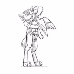 Size: 3000x3000 | Tagged: safe, artist:captainhoers, oc, oc only, oc:aiah, oc:dewey, griffon, anthro, digitigrade anthro, amputee, duo, duo male, gay, grayscale, griffon oc, high res, looking at each other, looking at someone, looking into each others eyes, male, monochrome, oc x oc, shipping, simple background, white background