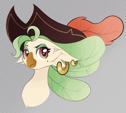 Size: 1584x1420 | Tagged: safe, artist:orbitingdamoon, captain celaeno, parrot pirates, g4, abstract background, bust, ear piercing, earring, female, hat, jewelry, piercing, pirate, pirate hat, solo