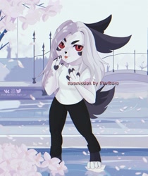 Size: 3000x3571 | Tagged: safe, artist:marlboro-art, oc, anthro, barely pony related, bridge, cherry blossoms, clothes, commission, female, flower, flower blossom, furry, high res, non-pony oc, river, solo, tongue out, tree, water