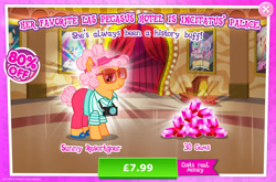 Size: 1966x1297 | Tagged: safe, gameloft, butterscotch sweets, earth pony, pony, g4, my little pony: magic princess, advertisement, background character, background pony, camera, clothes, costs real money, english, female, gem, glasses, introduction card, mare, numbers, pants, sale, shirt, solo, text