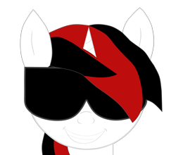 Size: 2572x2262 | Tagged: safe, artist:ghostpikachu, oc, oc only, oc:blackjack, pony, unicorn, fallout equestria, fallout equestria: project horizons, bust, emblem editor, fanfic art, female, high res, horn, portrait, simple background, small horn, solo, sunglasses, transparent background