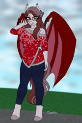 Size: 2800x4200 | Tagged: safe, artist:terton, oc, oc only, oc:scarlet quill, bat pony, anthro, unguligrade anthro, anthro oc, bat pony oc, christmas, clothes, commission, denim, digital art, fangs, female, freckles, glasses, hearth's warming, hearth's warming eve, holiday, jeans, mare, pants, shirt, slit pupils, smiling, solo, standing