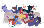 Size: 4800x3000 | Tagged: safe, artist:myahster, oc, oc only, oc:bizarre song, oc:fenris ebonyglow, oc:mystery brew, oc:slashing prices, oc:snoozy stroll, oc:sugar morning, oc:warly, bat pony, pegasus, pony, unicorn, bat pony oc, bat wings, bottle, cape, chest fluff, clothes, colored hooves, couch, doll, eyebrows, eyebrows visible through hair, eyes closed, facial hair, high res, horn, lidded eyes, long tongue, magic, magic aura, pegasus oc, plushie, potion, scarf, signature, simple background, sitting, sleeping, sleepwalking, smiling, tongue out, toy, transparent background, unicorn oc, watermark, wingding eyes, wings