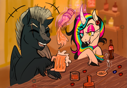 Size: 873x607 | Tagged: safe, artist:liechisenshi, oc, oc only, oc:platinum shadow, oc:printer jam, pegasus, pony, unicorn, fallout equestria, alcohol, ashtray, cigarette, curved horn, drinking, duo, eye scar, facial scar, fangs, glowing, glowing horn, horn, magic, scar, telekinesis