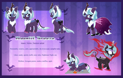 Size: 4424x2829 | Tagged: safe, artist:spookyle, oc, oc:moonlit breeze, kirin, nirik, bow, clothes, cloven hooves, dress, female, high res, reference sheet, solo, tail, tail bow
