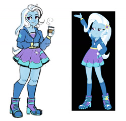 Size: 1572x1500 | Tagged: safe, artist:woahhjo, screencap, trixie, human, equestria girls, g4, boots, clothes, coffee, cutie mark on clothes, equestria girls outfit, female, hairpin, hoodie, shoes, simple background, skirt, socks, solo, white background