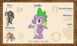 Size: 10100x6000 | Tagged: safe, artist:php170, spike, dragon, g4, bio, cute, looking at you, male, morrowind, oblivion, open mouth, reference sheet, skyrim, solo, spikabetes, the elder scrolls, the elder scrolls: equestria, vector, waving, waving at you