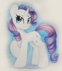Size: 920x1046 | Tagged: safe, artist:melodylibris, rarity, pony, unicorn, g4, colored pencil drawing, curved horn, female, horn, looking at you, mare, raised hoof, solo, standing, traditional art, turned head