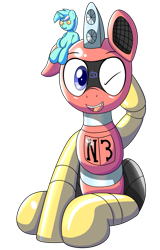 Size: 1283x2000 | Tagged: safe, artist:trackheadtherobopony, lyra heartstrings, oc, oc:trackhead, pony, robot, robot pony, 2023 community collab, derpibooru community collaboration, g4, looking at you, plushie, simple background, sitting, solo, transparent background