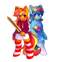 Size: 2000x2000 | Tagged: safe, artist:strawberryc208, editor:ricky_mckim, oc, oc only, oc:ricky, oc:toto, pony, 2023 community collab, derpibooru community collaboration, bipedal, clothes, couple, duo, female, high res, lesbian, simple background, socks, standing, striped socks, sword, transparent background, weapon