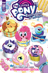 Size: 2063x3131 | Tagged: safe, artist:amy mebberson, idw, official comic, applejack, fluttershy, pinkie pie, rainbow dash, rarity, spike, twilight sparkle, winona, dog, dragon, earth pony, pegasus, pony, unicorn, g4, official, anniversary, comic cover, cupcake, cupcakeified, food, high res, imminent vore, male, mane seven, mane six, my little pony logo, offscreen character, offscreen male, plate, ribbon, sandwich, shocked, sun, this will end in death, this will end in vore